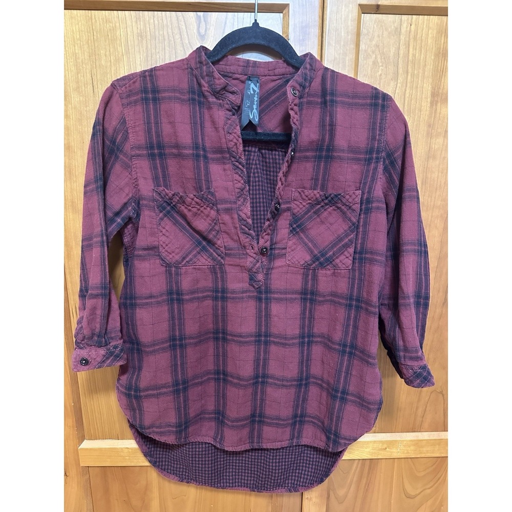 Seven7 Women's Red & Black Plaid Flannel Henley Long Sleeve Shirt , Small